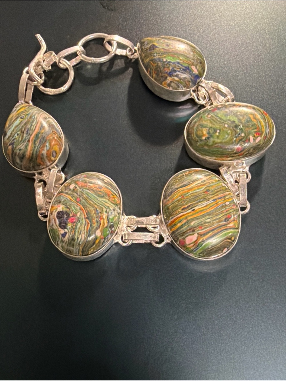 925 signed silver jasper green 7” round oval  Multicolor Stone Link Bracelet -